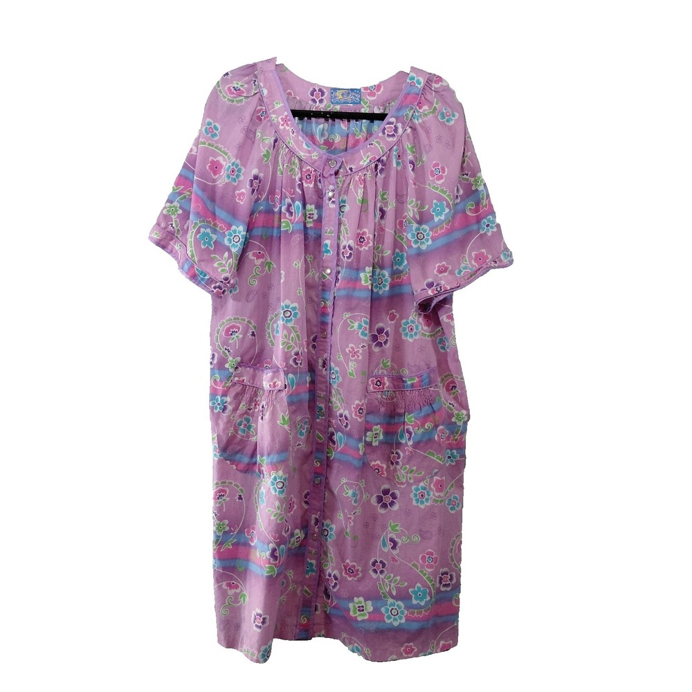 Vtg Moon Dance Retro Floral House Dress Snap Front 2X Short Sleeves Pockets